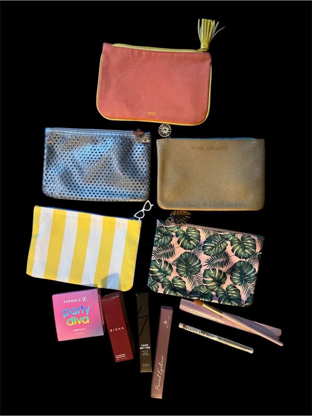 ipsy Makeup Bags Set - Coral, Gold, Metallic Silver, Yellow, Green Leaf Print